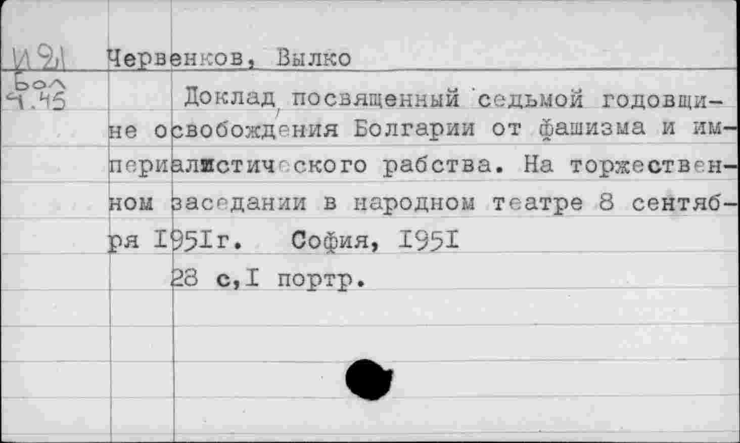 ﻿И 9Л	4ерв	ЭНКОВ, Вылко
Е>о^\ ^.45	не о	Доклад посвященный седьмой годовщи-свобождения Болгарии от фашизма и им-
	пери	алистического рабства. На торжествен-
	ном	заседании в народном театре 8 сентяб-
	ря I	Э£1г. София, 1951
		28 с,1 портр.
		
		
		
		